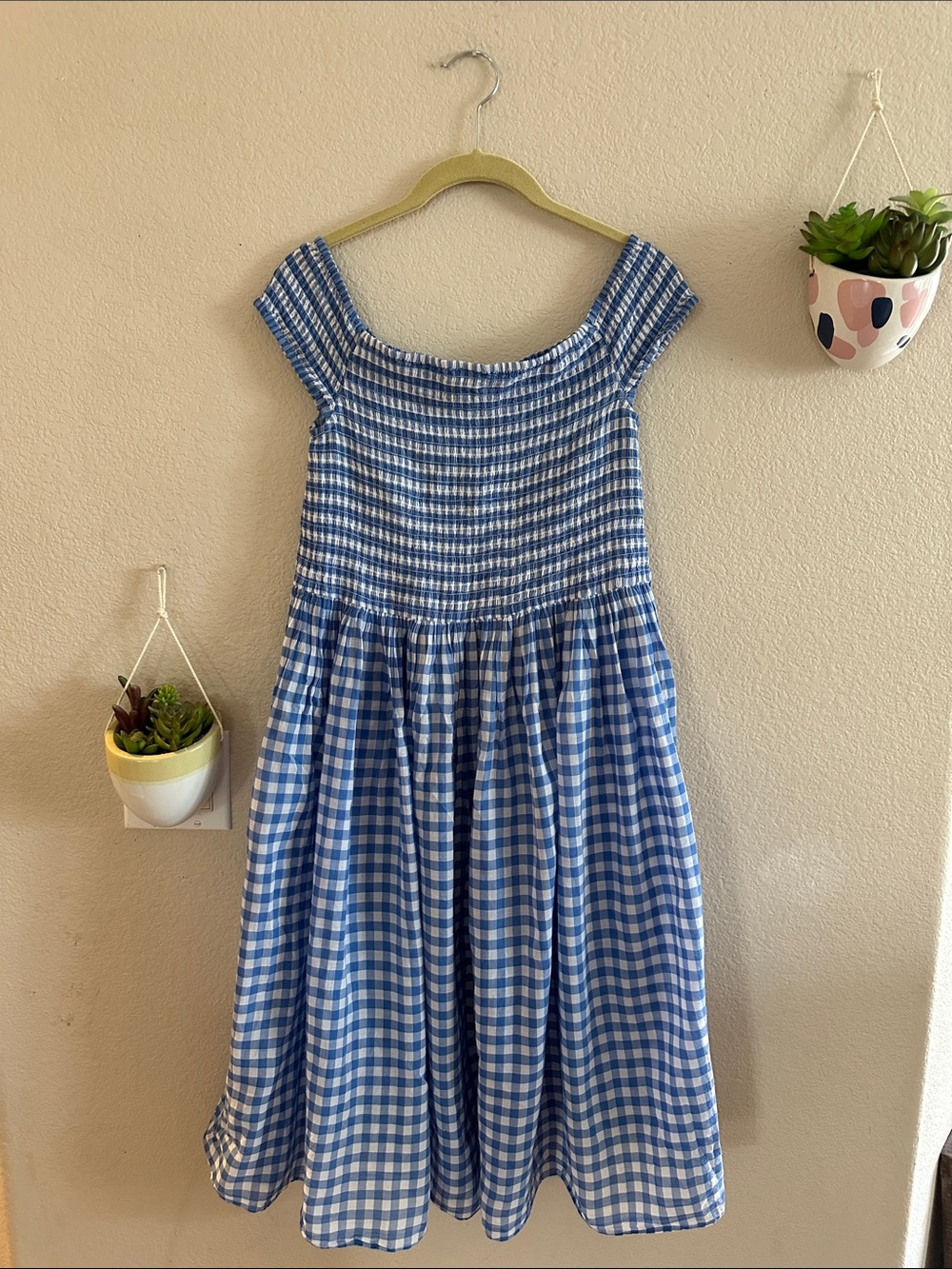 J. Crew Blue White Gingham Picnic Smocked Off the Shoulder Dress XL